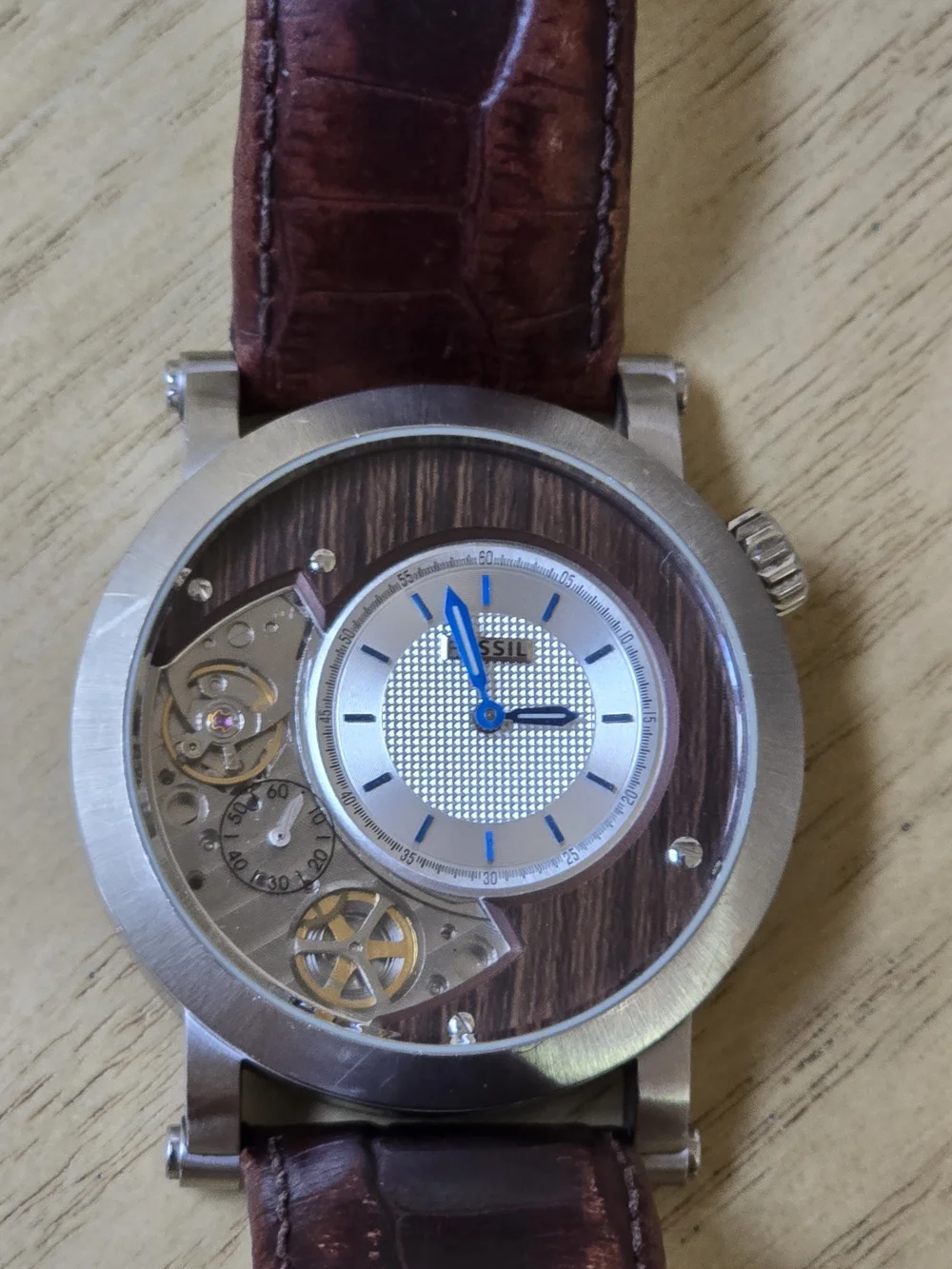 Fossil Men's Brown Leather Automatic Watch with Silver Case